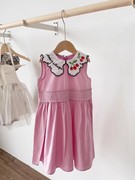 韩国品牌 女童夏天纯棉桃粉色连衣裙 领口高端刺绣 100-145
