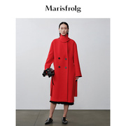 艺术时装大衣玛丝菲尔秋季红色立领羊毛大衣外套女