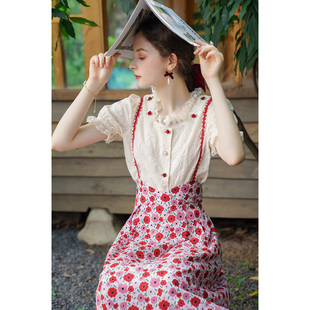 mqueen法式玫瑰花刺绣衬衫仙气碎花背带半身裙，套装两件套气质9068