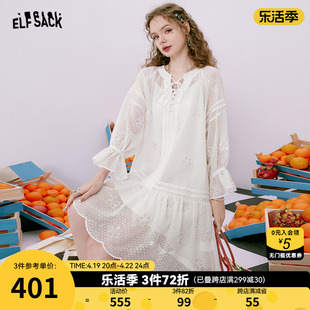 妖精的口袋白色蕾丝连衣裙，女2023夏季重工，清纯仙女裙高端精致