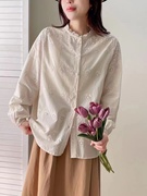 韩版时尚减龄花边领刺绣镂空长袖衬衣女2024夏季纯色百搭衬衫