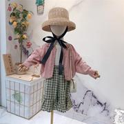 地主家21春韩国女童中小童粉色镂空开衫贝壳扣针织衫淑女上衣