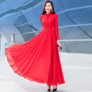 雪纺红色长袖连衣裙女2023夏季高端白色，修身气质减龄大摆长裙