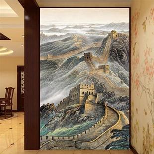 新中式玄关e壁画走廊过道竖版8d壁纸复式楼跃层挑高客厅背景墙
