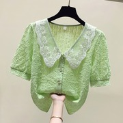 绿色娃娃领衬衫女短袖设计感小众气质雪纺，上衣显瘦独特别致衬衣夏