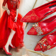 红色高跟鞋婚鞋2024年新娘，鞋结婚鞋秀禾婚纱，两穿不累脚中式