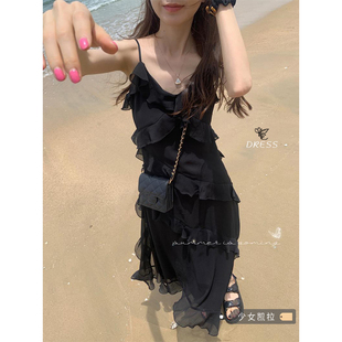 荷叶边黑色吊带连衣裙女夏季2023法式高级感海边度假长裙裙子