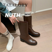 tatalory女靴真皮中筒靴，方跟百搭骑士短靴法式马丁靴2023秋冬季
