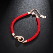 时尚本命年红色手链女 玫瑰金钛钢红绳双环罗马文字手环 创意饰品
