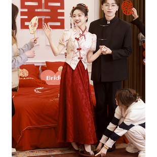 新中式敬酒服新娘2024红色旗袍结婚订婚礼服，裙女夏季修身长款