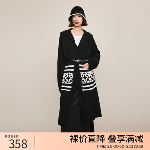 伊芙丽复古长款黑白提花，羊毛针织开衫女2023冬装气质氛围感外套