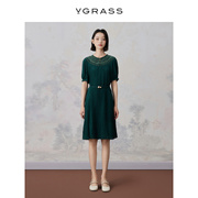 vgrass新中式水滴，领密裥裙夏季复古绿真丝连衣裙vsl2o21300