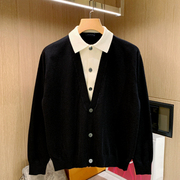 韩版时尚休闲叠穿假两件毛衣，男秋冬季个性拼接翻领，针织开衫外套男