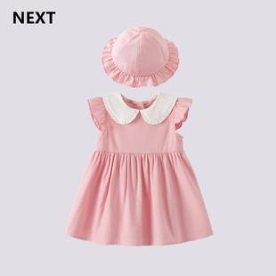 NEXT女童连衣裙2024夏季中小童夏装粉色带帽子飞飞袖女宝宝公主裙