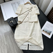 透气舒适100棉镂空雕孔绣花边圆领短袖，蕾丝衬衫+中长半身裙套装