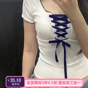 Amyway少女感蕾丝拼接花边蓝色绑带短袖 圆领复古BM风甜美短上衣