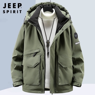 jeep羽绒服男冬季保暖宽松大码工装上衣，2023男款连帽休闲外套