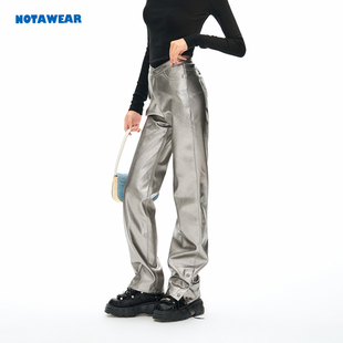 notawear制胜大长腿案例v型，高腰金属银色，修身直筒皮裤