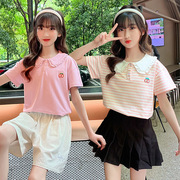 夏季女童短袖POLO衫上衣娃娃领棒球服网球服棉质中大童条纹衫运动