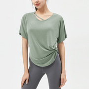 欧美纯色镂空衣领运动上衣女，宽松显瘦短袖，t恤透气跑步健身罩衫