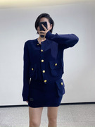 PRA大藏蓝色圆领 慵懒风双口袋针织金排扣开衫+半裙套装C36