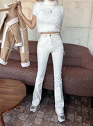 韩国poclain牛仔裤女 2023冬季高腰显瘦弹力加绒白色微喇长裤