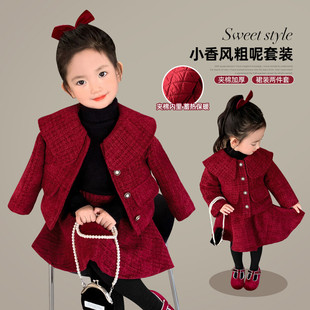 冬季女童时尚小香风红呢子套装夹棉加厚冬装甜美洋气年服大衣