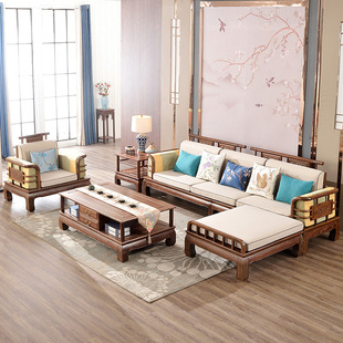 新中式红木沙发鸡翅木转角，沙发组合客厅家具简约实木，布艺贵妃沙发