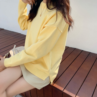 韩版慵懒风很仙的糖果鹅黄色学生，套头宽松圆领毛衣女(毛衣女)上衣外穿反季