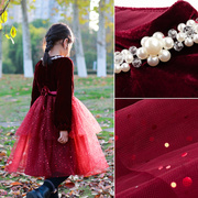 女童丝绒连衣裙秋冬儿童女孩，中大童公主礼服，红网纱蓬蓬新年长袖