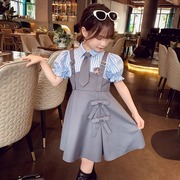 女童学院风背带连衣裙夏季2024洋气小女孩韩版衬衫裙子两件套