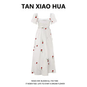 谭小花 法式玫瑰刺绣方领白色连衣裙女夏季小众收腰显瘦仙女长裙