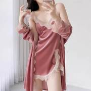 丝绒带胸垫吊带睡裙女秋冬性感纯欲睡衣V领蕾丝两件套装粉色私房