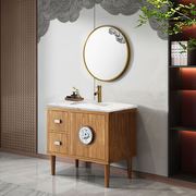 原实木色中式岩板一体，盆卫浴浴室柜，组合风水主卧洗手盆柜镜子带灯