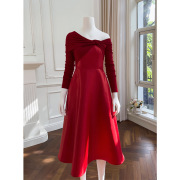 性感斜领露肩简洁气质修身袖红色礼服长袖修身显瘦A版连衣裙67566