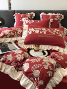 婚庆澳棉纯棉四件套玫瑰，刺绣全棉被套床单，结婚床品大红色床上用品
