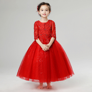 儿童晚礼服小花童公主，裙女童长袖主持人蓬蓬，红色婚纱钢琴演出高端