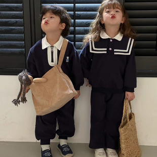 韩国龙凤胎儿童兄妹装秋装姐弟装套装时尚海军风童装两件套中小童
