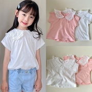 出口韩国高端大童女童夏款娃娃领纯棉短袖T恤