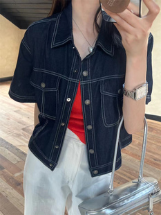 深蓝色短袖牛仔外套女2024夏季chic韩版宽松单排扣小个子短款上衣