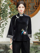 韩国绒唐装上衣女秋冬改良中式绣花高档黑色日常显瘦旗袍套装