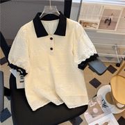 黑白撞色镂空POLO领蕾丝气质短袖衬衫上衣女设计感小众2023春小衫