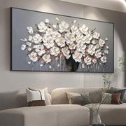 大芬油画村抽象客厅发财树，极简风高级感横幅装饰画白色花卉肌理画