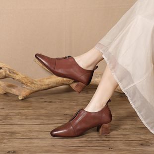 2023秋季手工真皮女鞋粗跟低帮女式皮鞋法式中跟尖头女单鞋