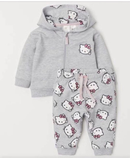 冬季款儿童运动套装宝宝灰色KT猫纯棉加绒保暖连帽上衣长裤2件套