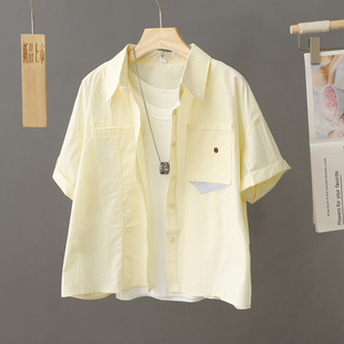 小个子短款衬衫女短袖纯棉浅黄色设计感小众上衣夏季衬衣薄款外套