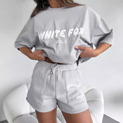 欧美女装whitrfox字母，发泡圆领t恤时尚运动短裤套装sportswear