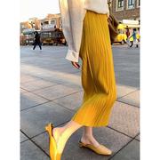 褶皱黄色半身裙孕妇，夏季薄款开叉托腹裙，高级感百褶中长款雪纺长裙