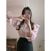 韩国2024年早春甜美优雅方领纯色荷叶花边皱皱喇叭长袖衬衫女