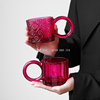 小众设计带把圆环玻璃杯子，玫红刻花高颜值大耳朵马克杯冷饮冰美式